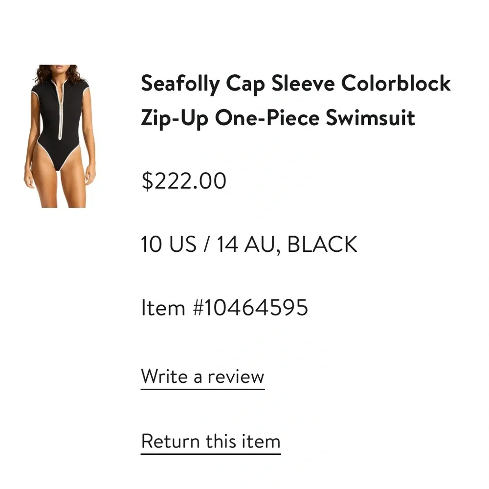 Seafolly Black One-Piece Zip Front Swimsuit with White Trim - Picture 3 of 6